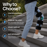 Person climbing stairs wearing a Comfyorthopedic full-leg hinged knee brace over jeans.