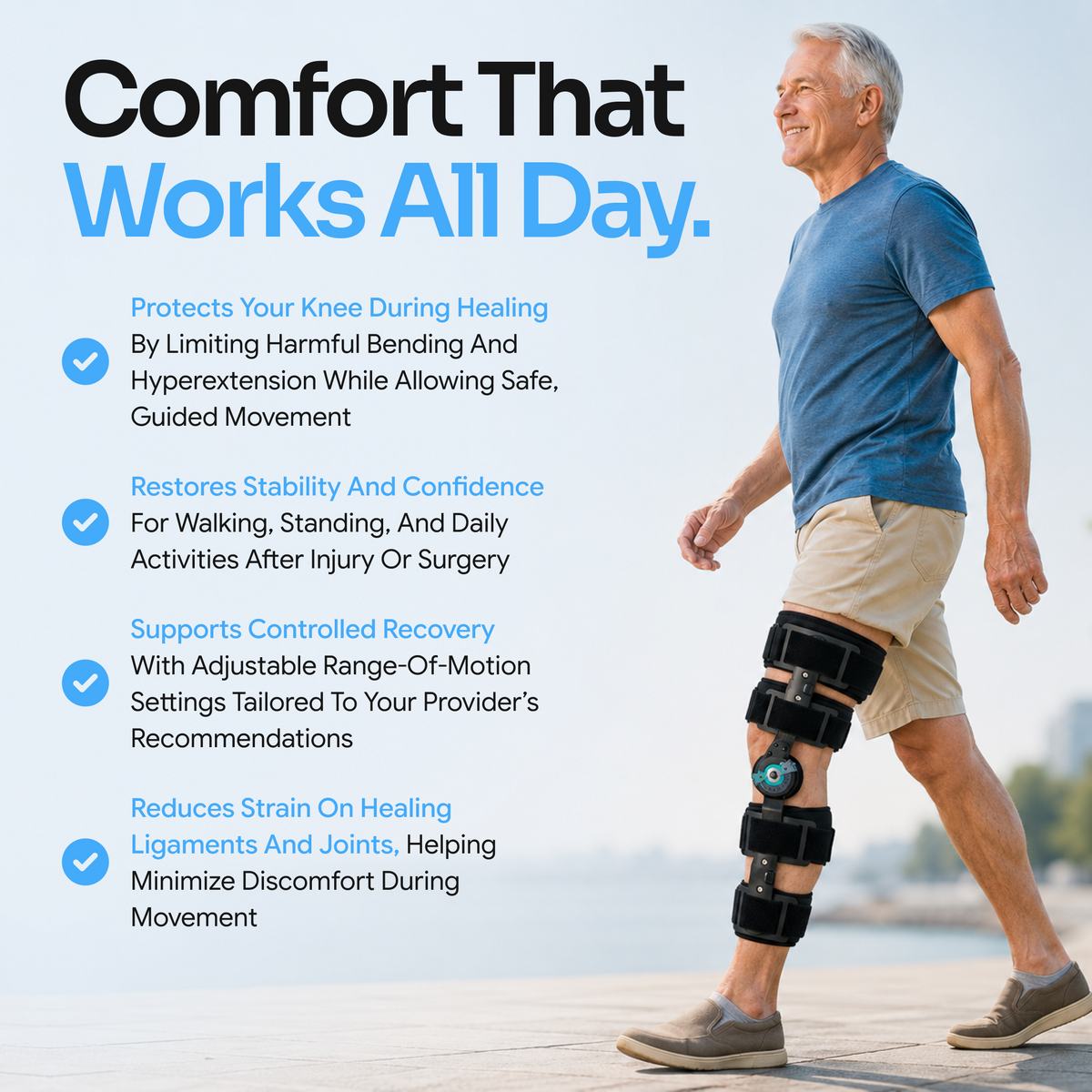 Man walking outdoors wearing a Comfyorthopedic full-leg hinged ROM knee brace.