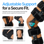 Comfyorthopedic knee brace details showing length adjustment, aluminum frame, hook-and-loop straps and dual ROM hinges.
