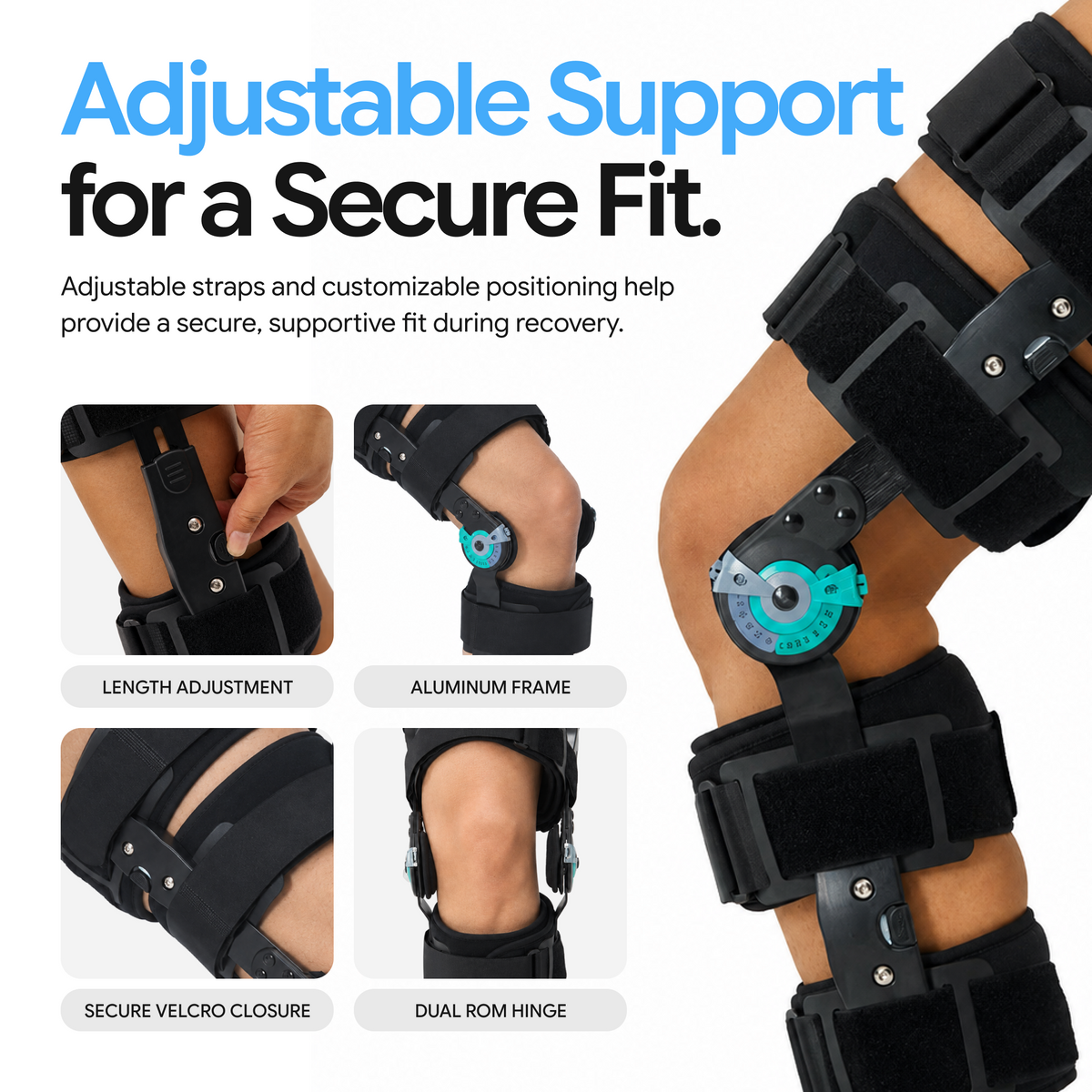 Comfyorthopedic knee brace details showing length adjustment, aluminum frame, hook-and-loop straps and dual ROM hinges.
