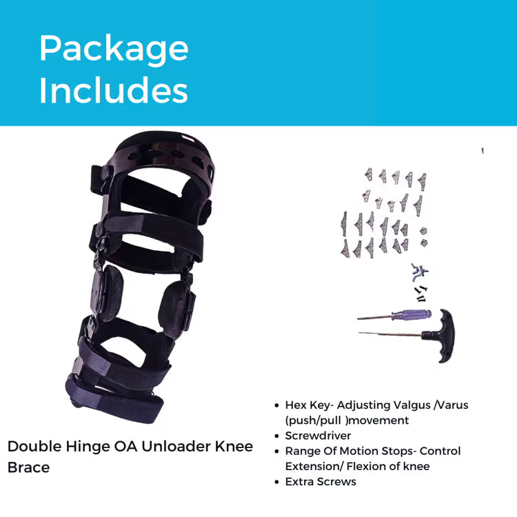 Double upright OA knee brace with adjustable straps and bilateral side support