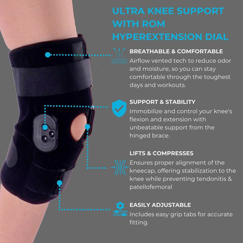 Hyperextension Hinged Knee Brace Sleeve with Adjustable Flexion & Extension ROM Dials - Comfyorthopedic