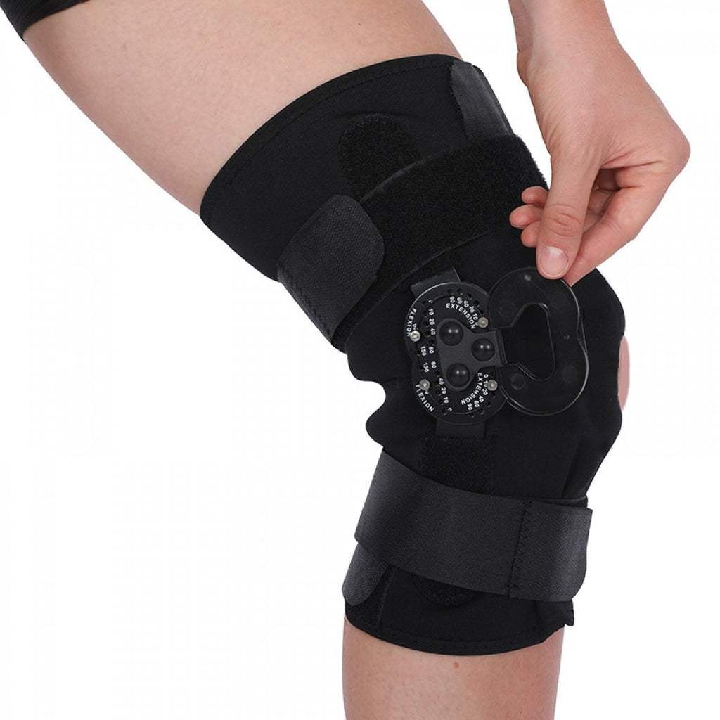 Hyperextension Hinged Knee Brace Sleeve with Adjustable Flexion & Extension  ROM Dials